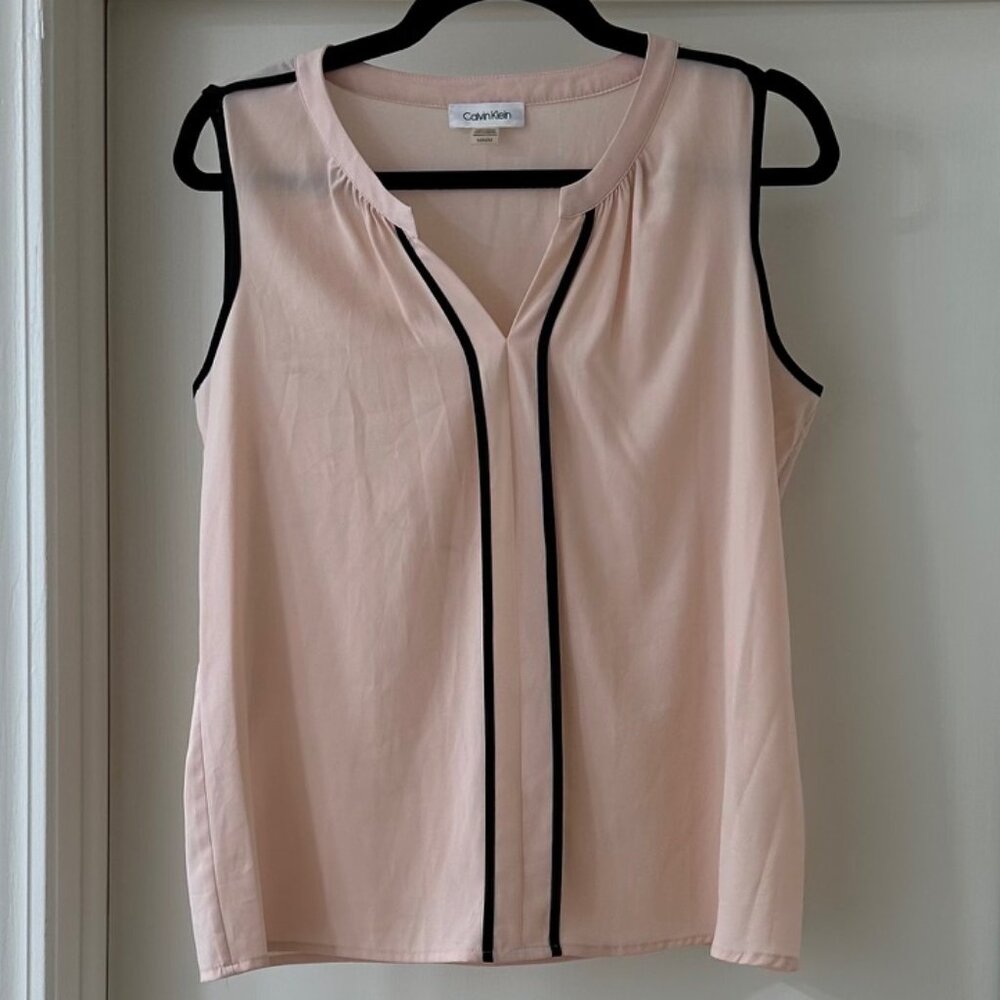 Calvin Klein Light Pink Sleeveless Blouse with Black Trim, Size M